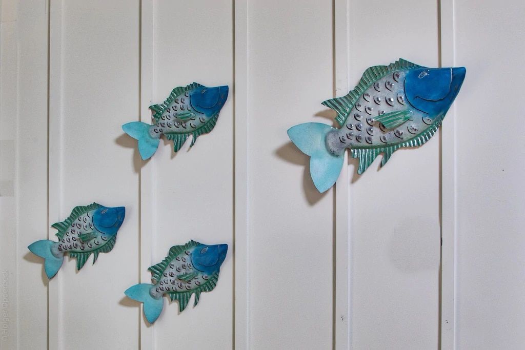 A group of fish are swimming in a row on a white wall
