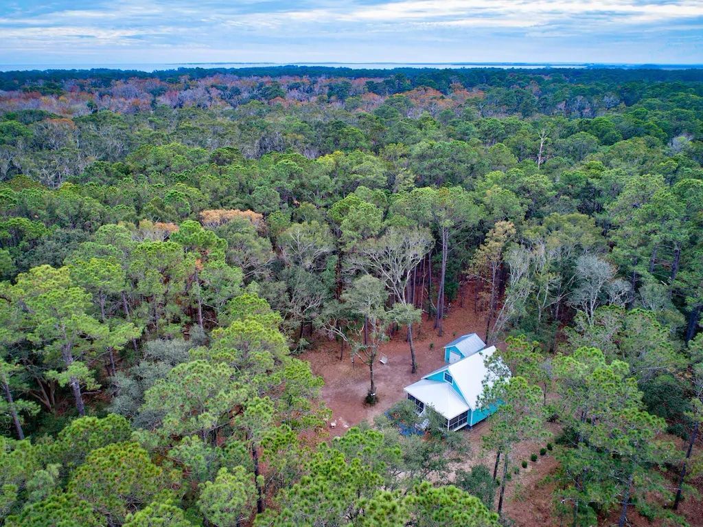 An aerial view of a house in the middle of a forest.