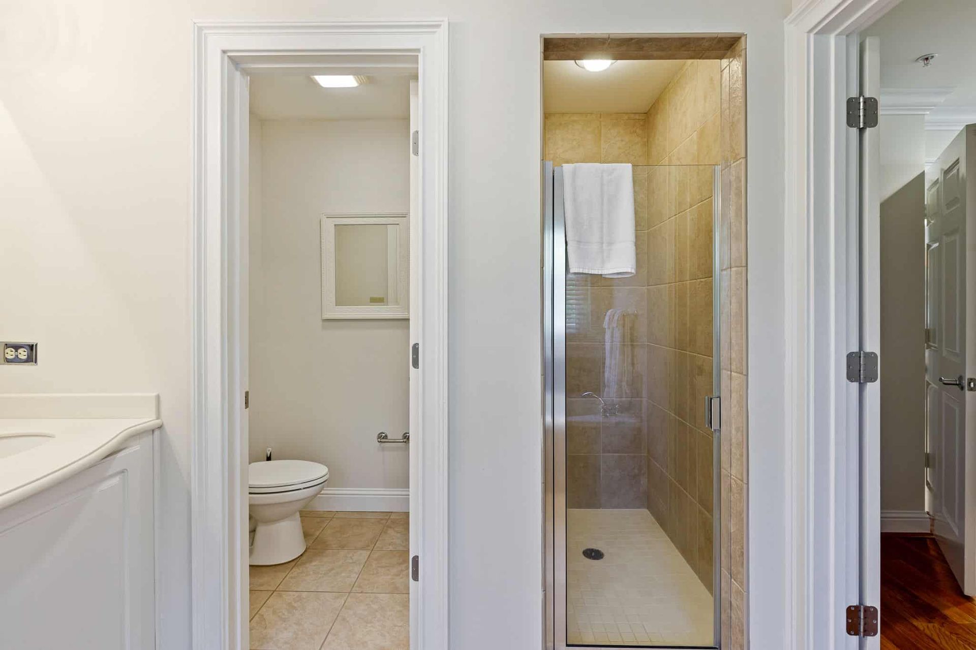 A bathroom with a toilet , sink and walk in shower.