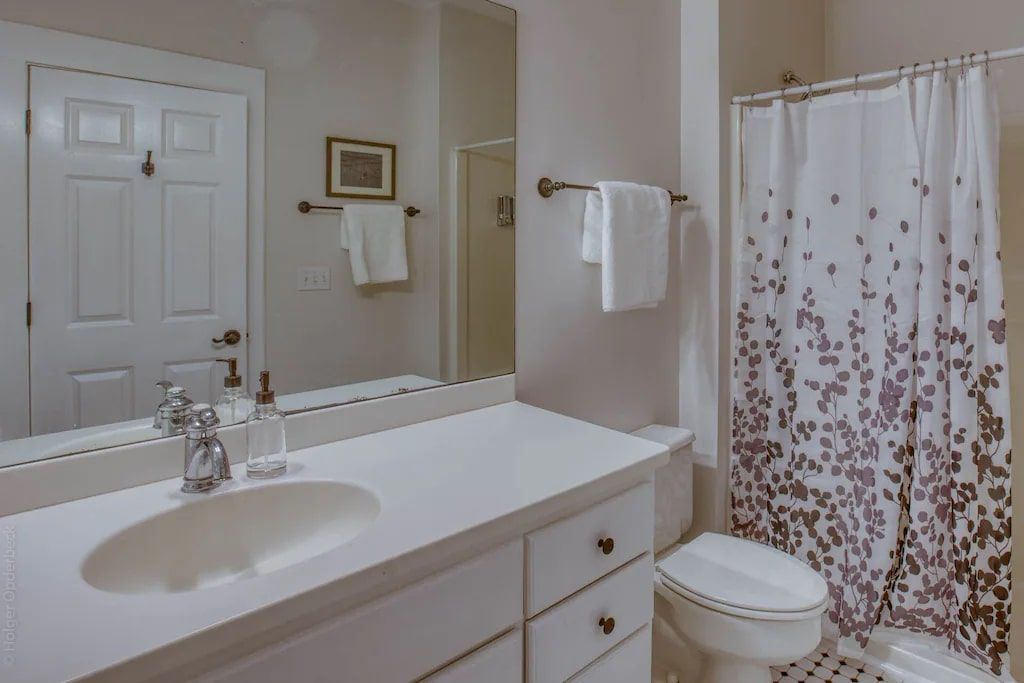 A bathroom with a sink , toilet , shower curtain and mirror.