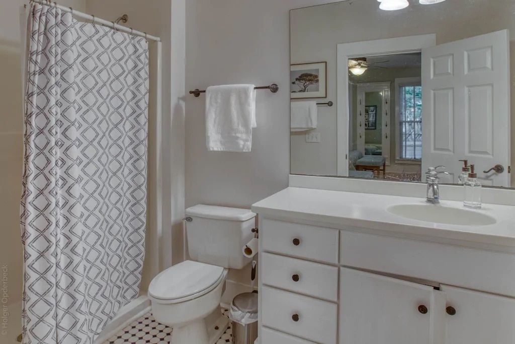 A bathroom with a toilet , sink , mirror and shower curtain.
