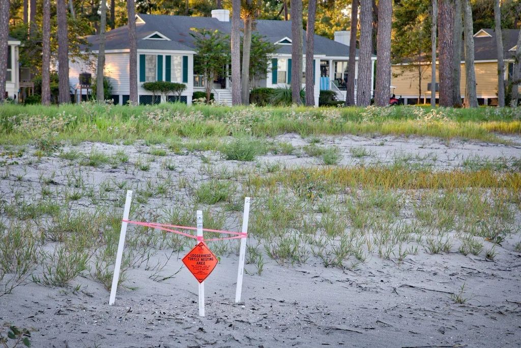 A dirt field with a house in the background and a warning sign in the foreground