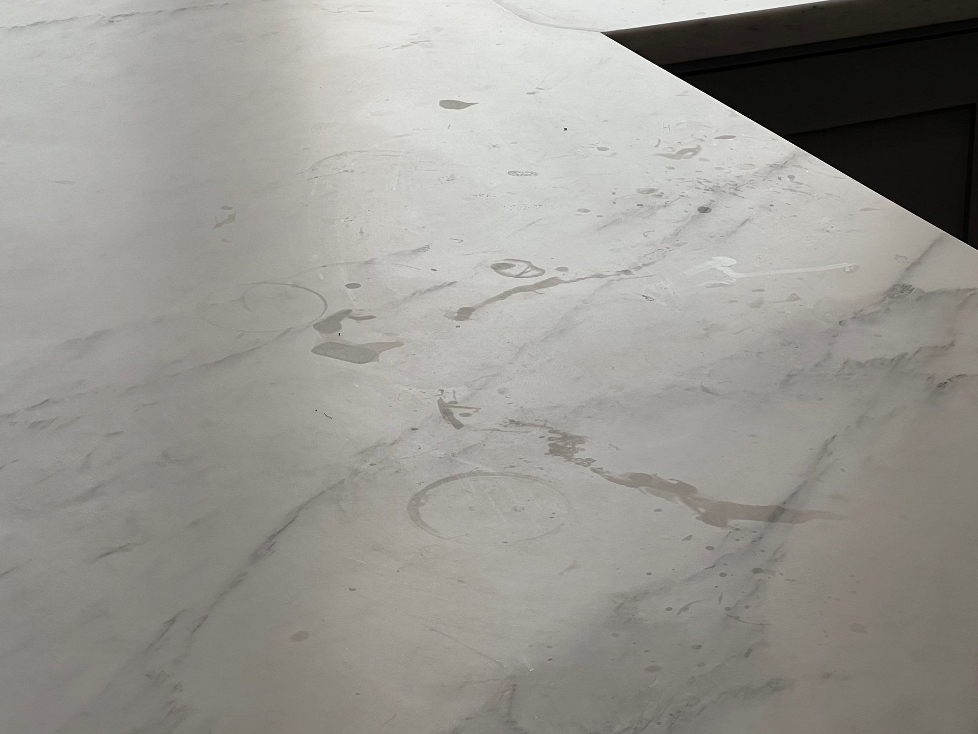 Marble countertop before Clear Shine prepped and applied MORE® AntiEtch®