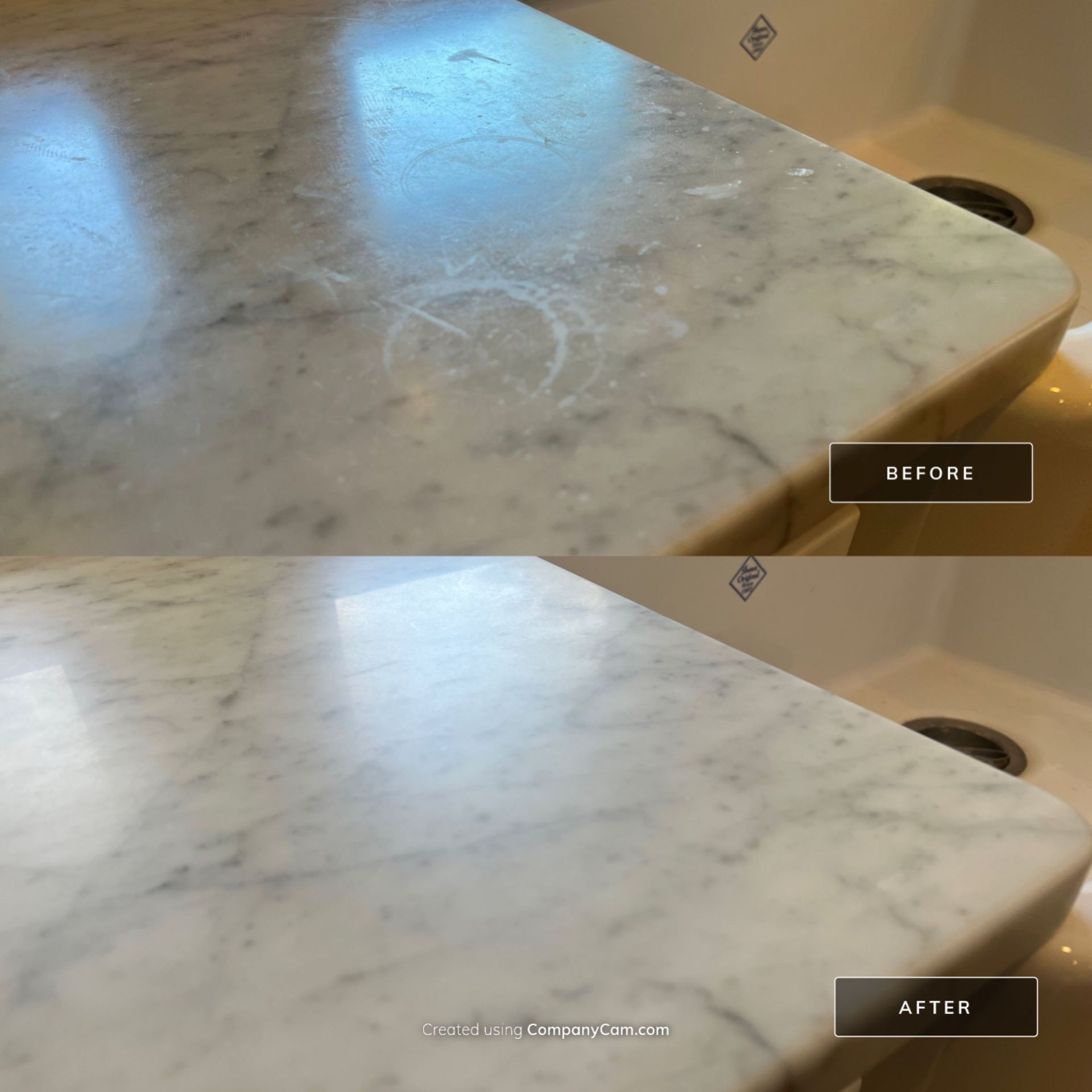 Before and after pictures of a marble countertop Clear Shine prepped and applied MORE® AntiEtch®