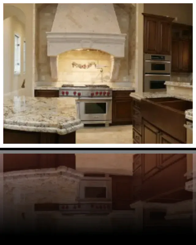 A kitchen with a stove top oven and a sink