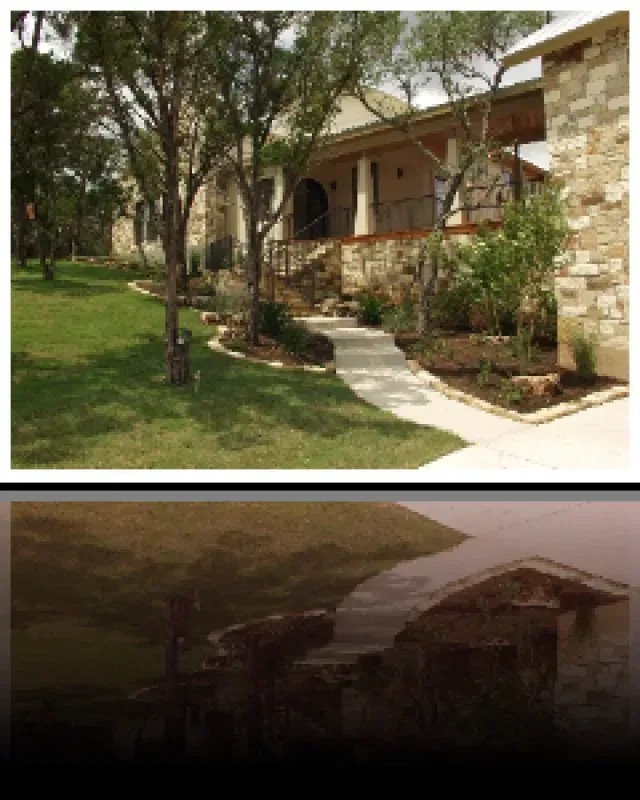 A picture of a house with trees in front of it