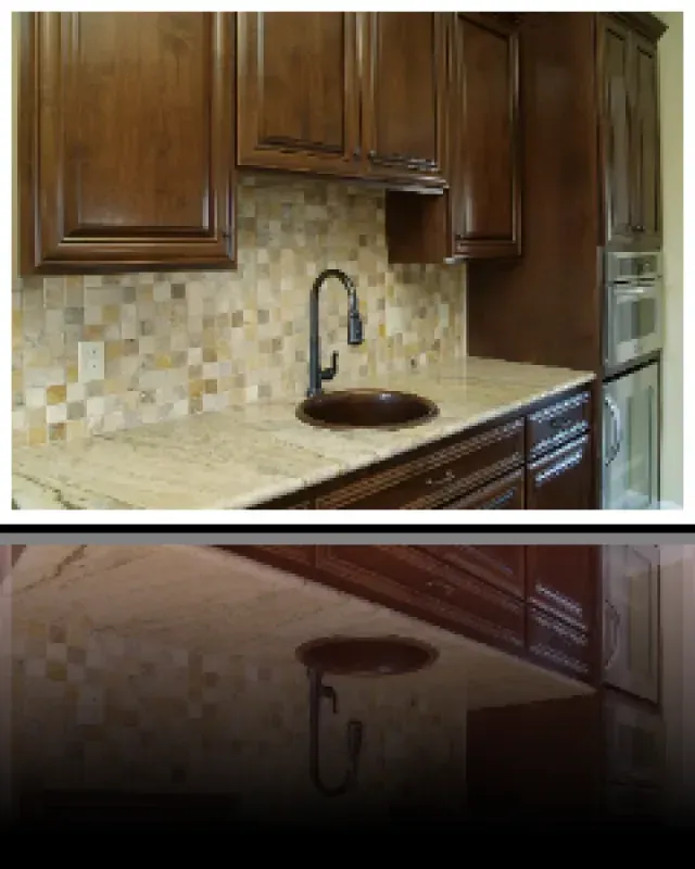 A kitchen with wooden cabinets and a sink
