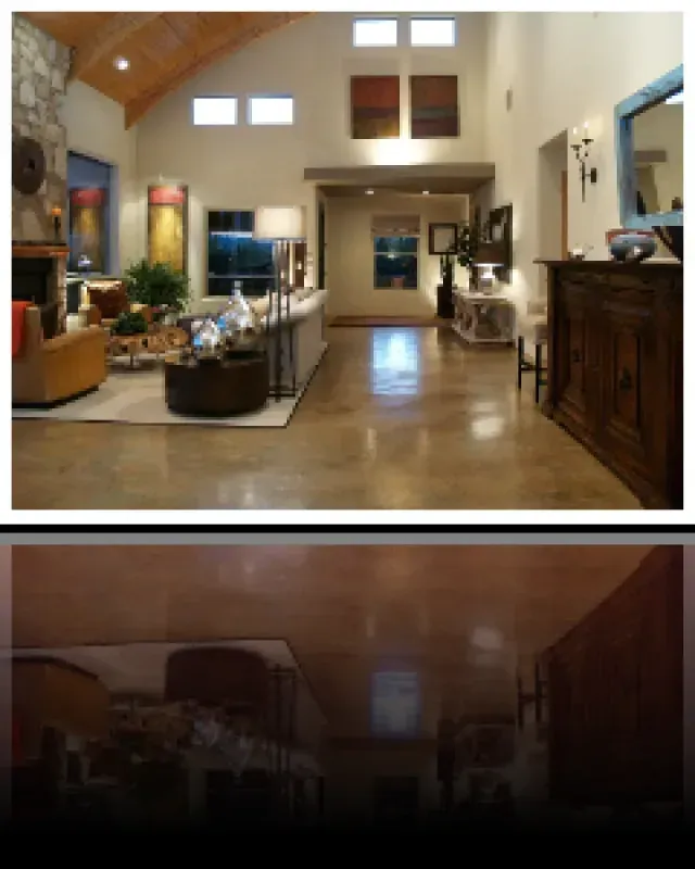 A picture of a living room and a picture of a bedroom