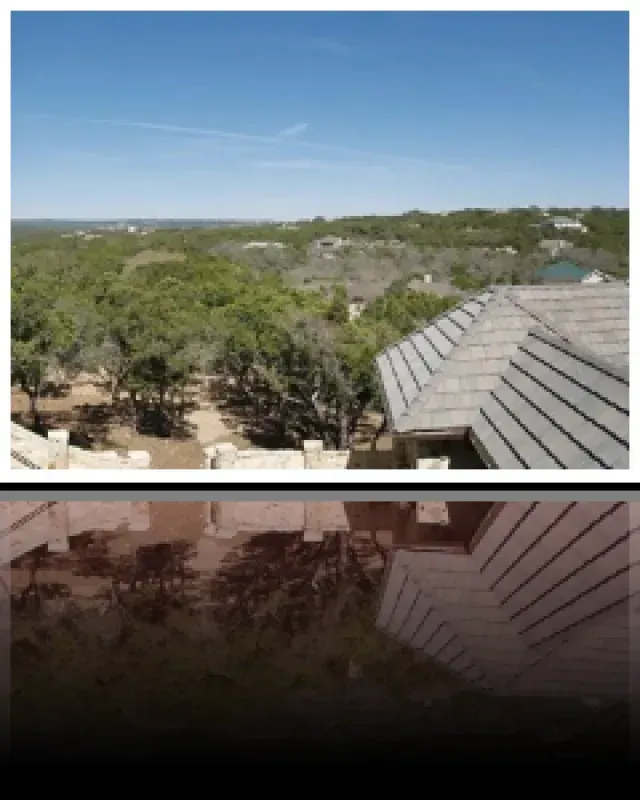 A picture of a roof with trees in the background