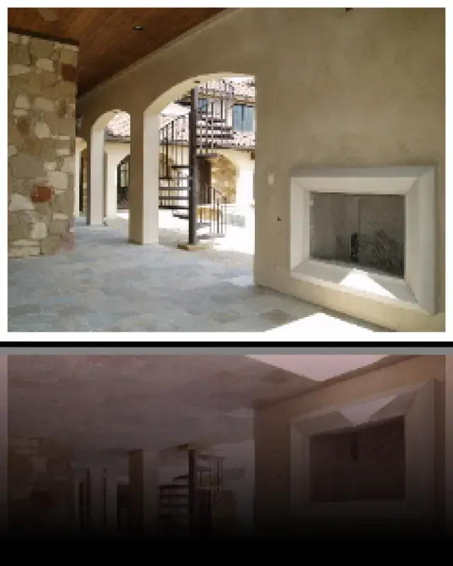 A picture of a staircase and a picture of a fireplace