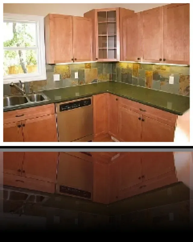 A kitchen with wooden cabinets and green counter tops