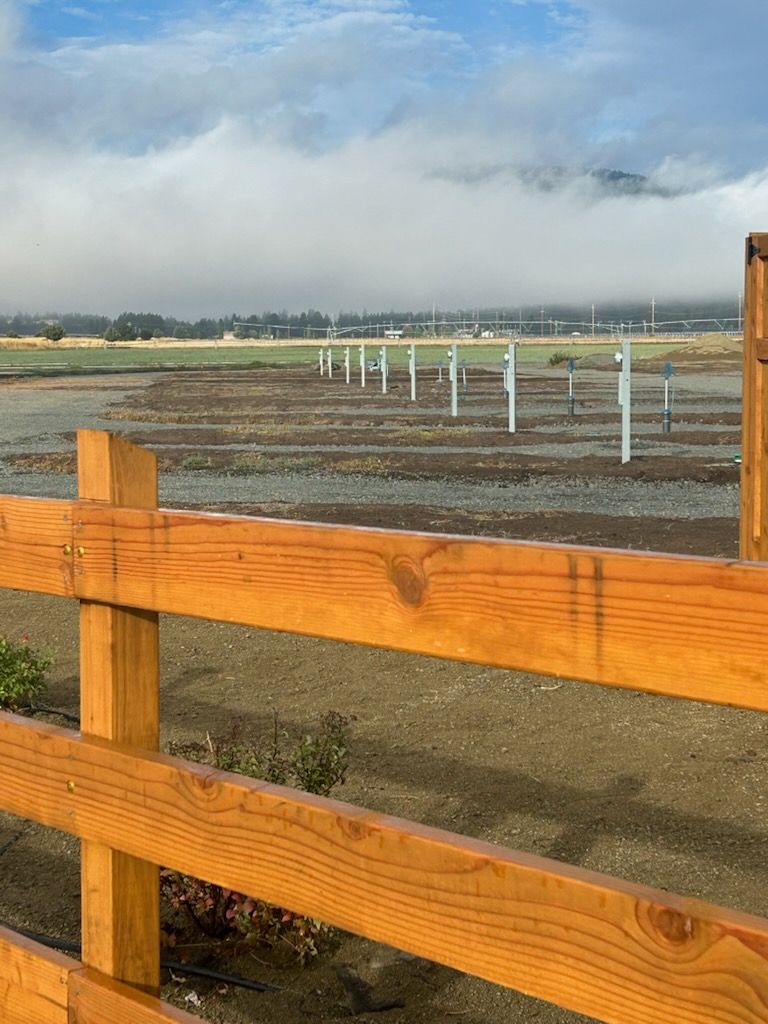 Wooden fence in foreground; field with white posts in the middle ground; cloudy sky.