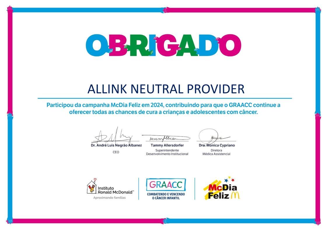 Certificado de apoio ao GRAACC empresa Allink Neutral Provider