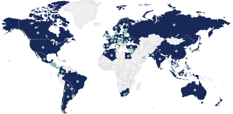 Mapa Mundial marcando os países em que estamos presentes