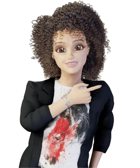 Uma boneca com cabelo encaracolado está apontando para algo