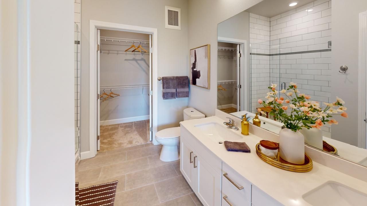 A bathroom with a toilet, sink, mirror, and walk-in closet.
