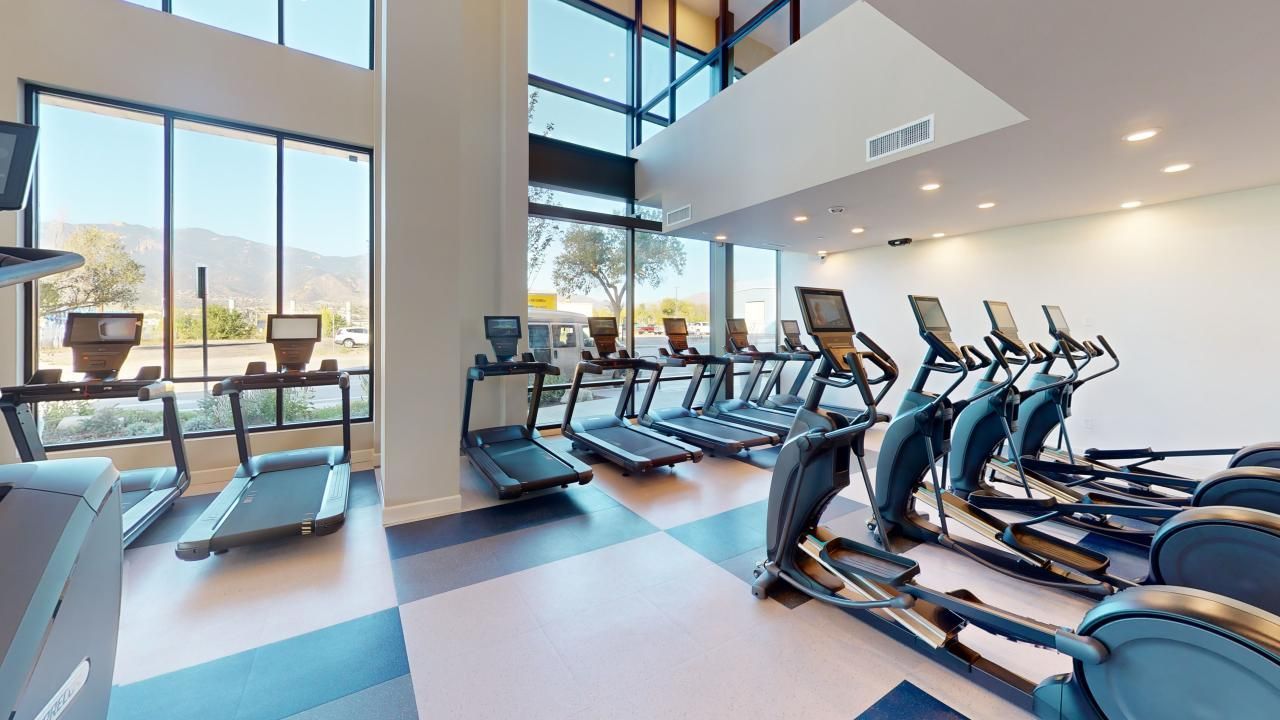A large gym with a lot of treadmills and ellipticals.
