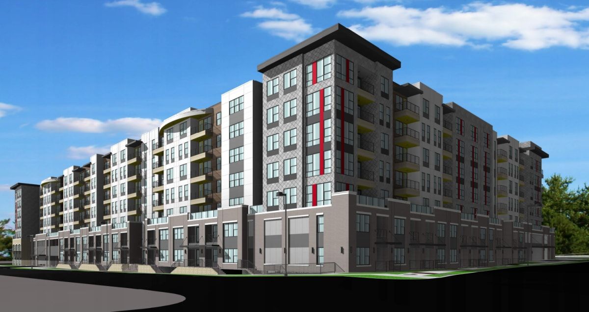 An artist 's impression of a large apartment building with a blue sky in the background at The Experience at Epicenter