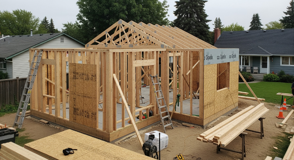 A Design Build Specialists project wooden frame outline.