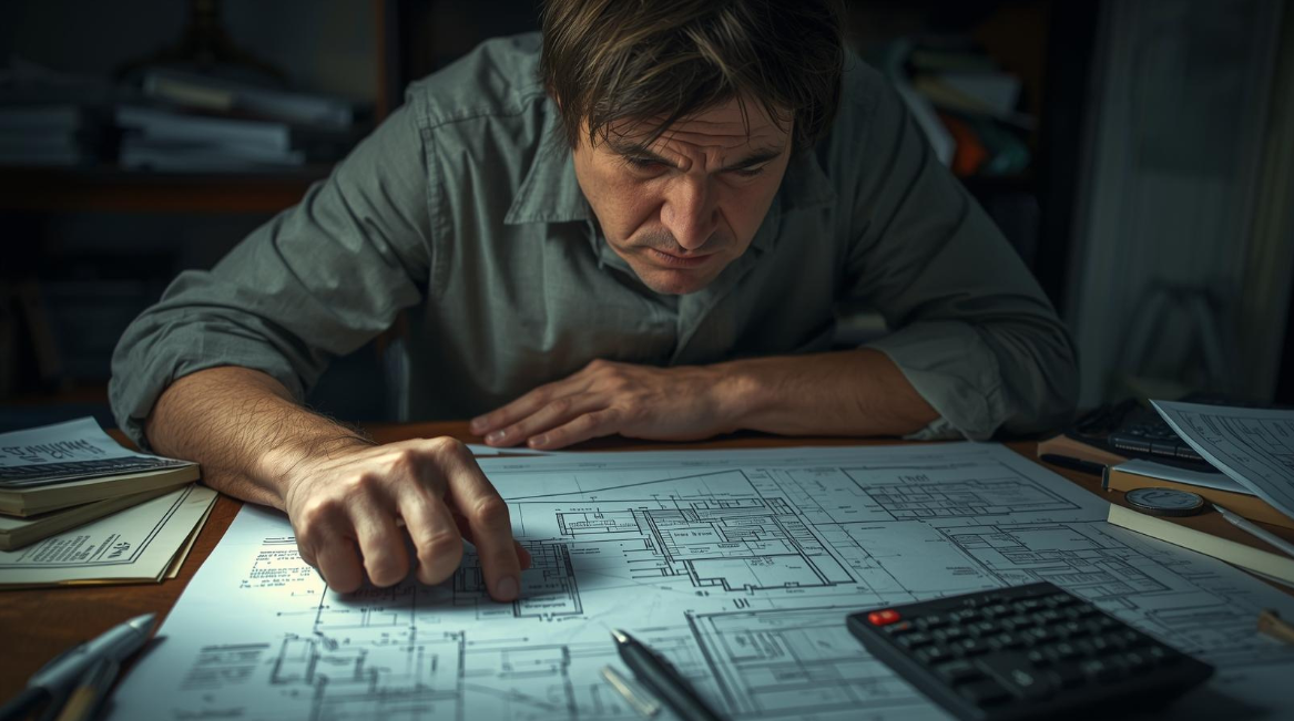 A detailed 3D rendering of a modern kitchen remodel in Marin County next to a blueprint