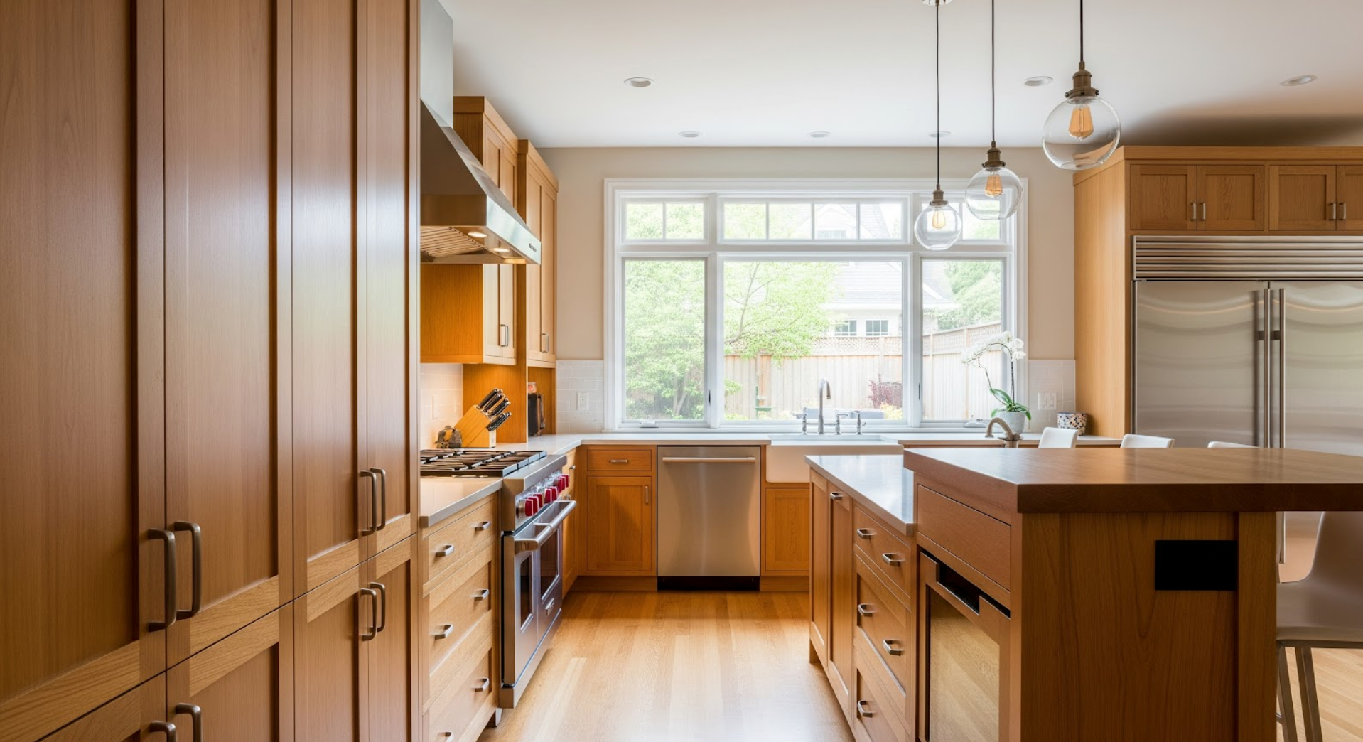 Modern kitchen with custom cabinets in Marin County remodel.