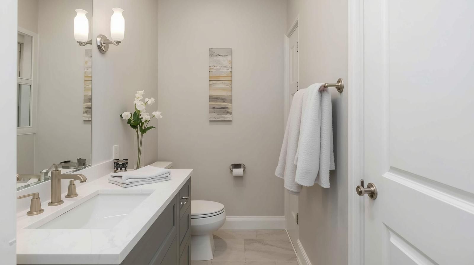 A clean, minimalist bathroom with a large single-sink white vanity and gray cabinetry beneath.