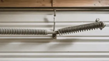 Garage door torsion spring assembly mounted horizontally on a white door panel.