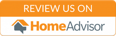 Orange and white HomeAdvisor “Review Us On” badge with logo and house icon