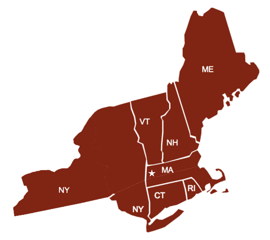 Map of the northeastern United States in brown, with state abbreviations. Massachusetts is marked with a star.