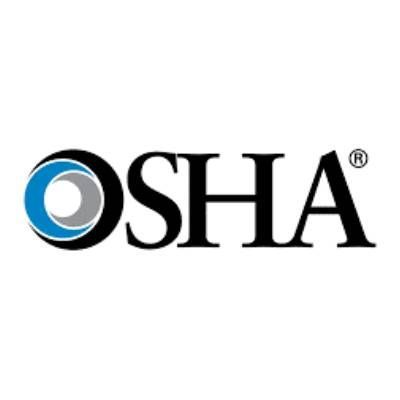 OSHA logo: black text "OSHA" with a circular graphic in blue, gray, and white.