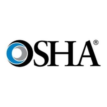 OSHA logo: Black text with a symbol of two concentric circles, one blue and one gray.