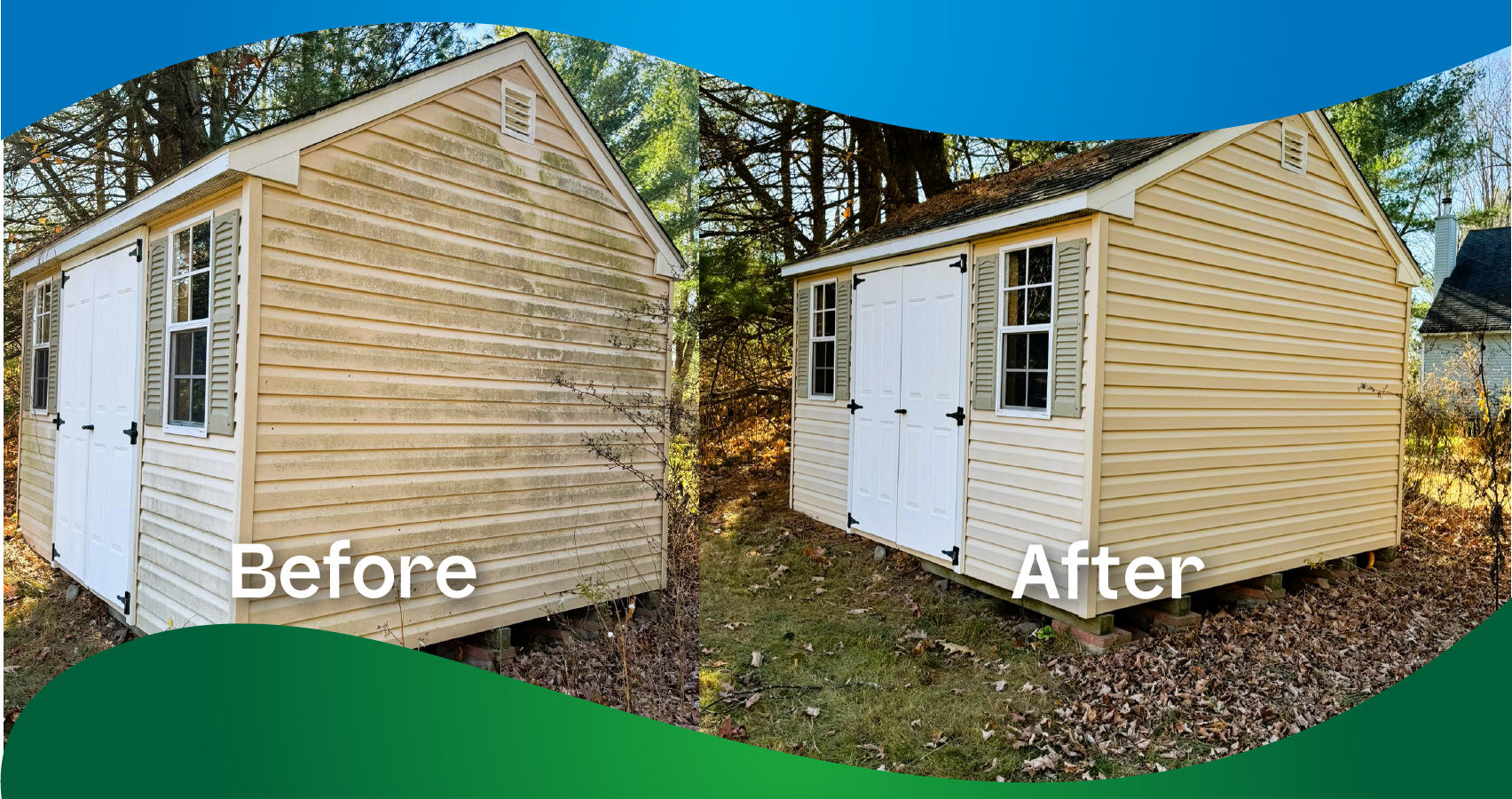A before and after picture of a shed being cleaned.