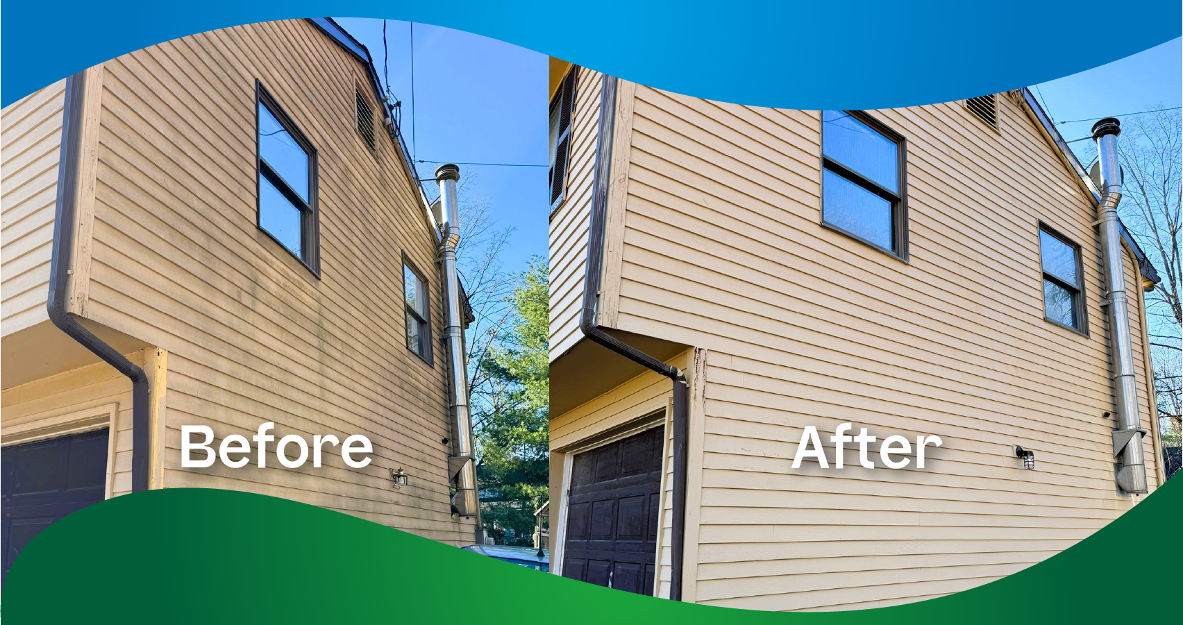A before and after picture of a house with a garage.