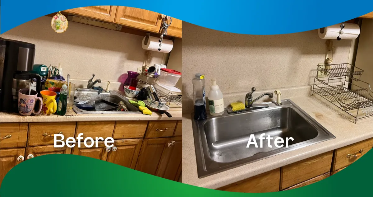 A before and after photo of a kitchen sink.