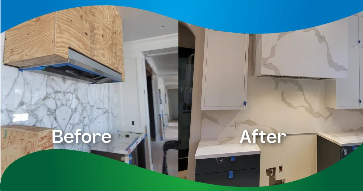 A before and after photo of a kitchen with marble counter tops.