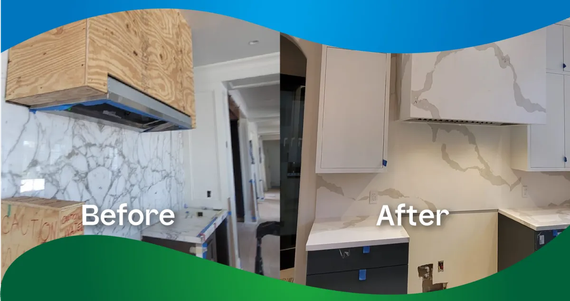 A before and after photo of a kitchen with marble counter tops.