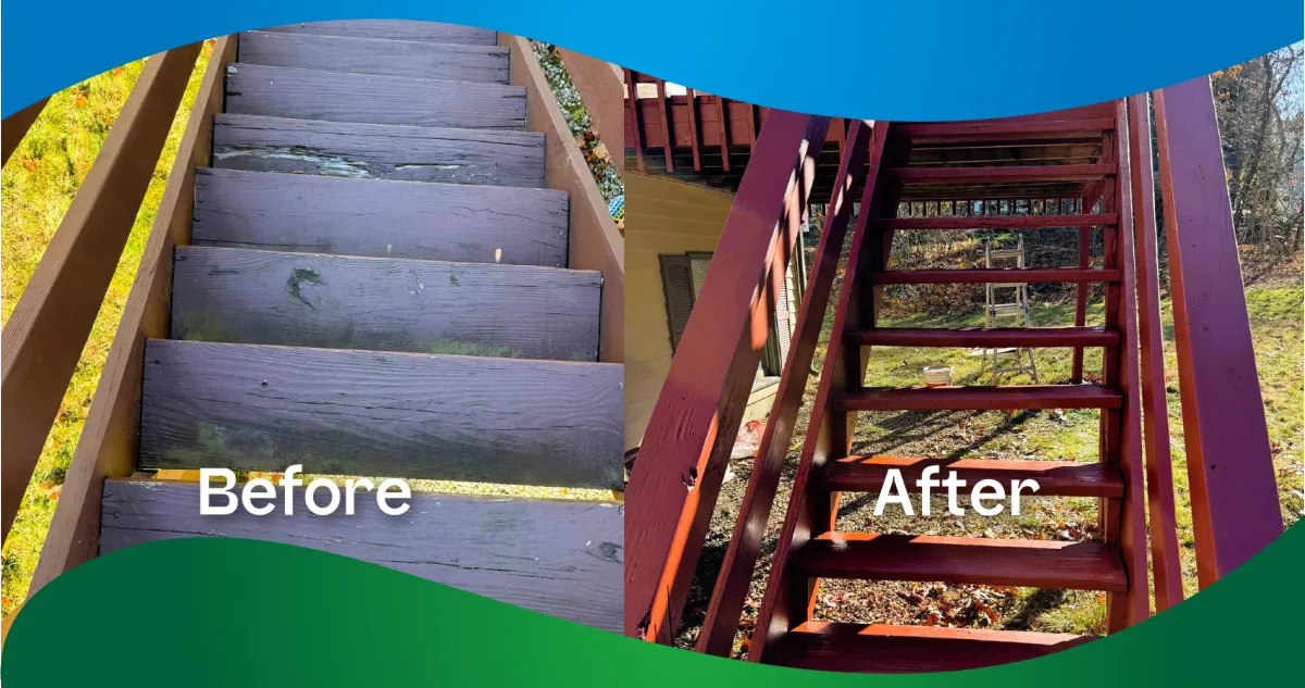 A before and after photo of a set of stairs