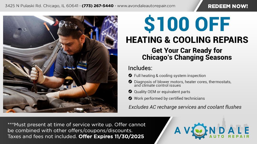 Mechanic working on a car, advertisement for $100 off heating and cooling repairs in Chicago. Offer expires 11/30/2023.