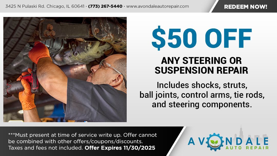 Coupon: $50 off any steering or suspension repair. Mechanic working on a vehicle. Expires 11/30/2025. Avondale Auto Repair logo.