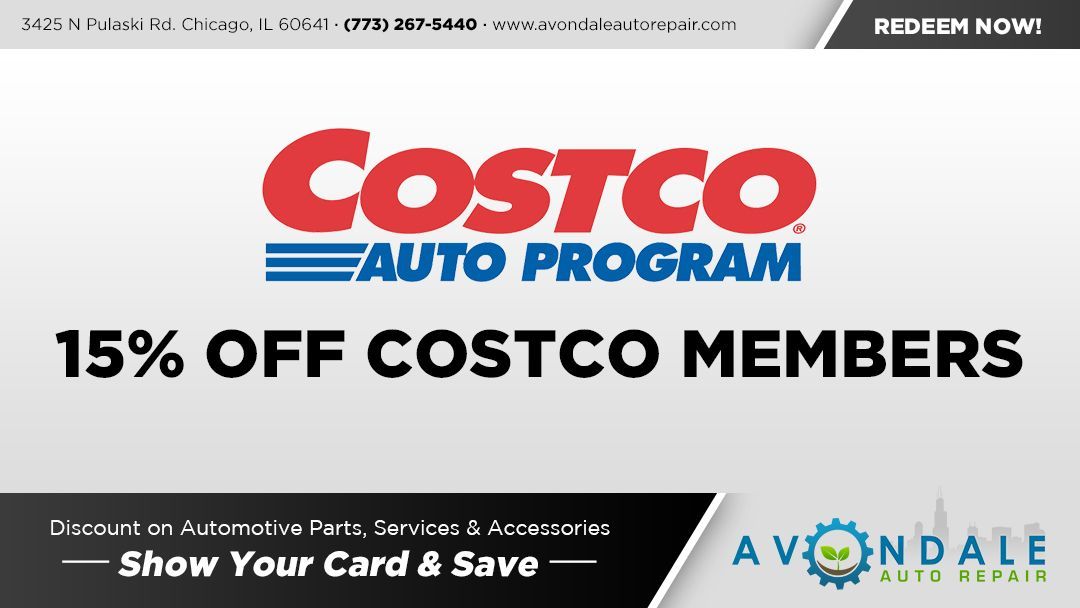 Advertisement for Avondale Auto Repair: 15% off for Costco members. Features Costco Auto Program logo.
