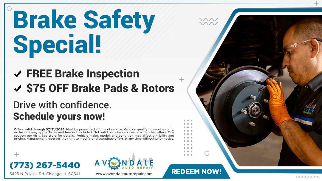 Brake Safety Special ad with mechanic inspecting a car brake, offering free inspection and $75 off pads and rotors.
