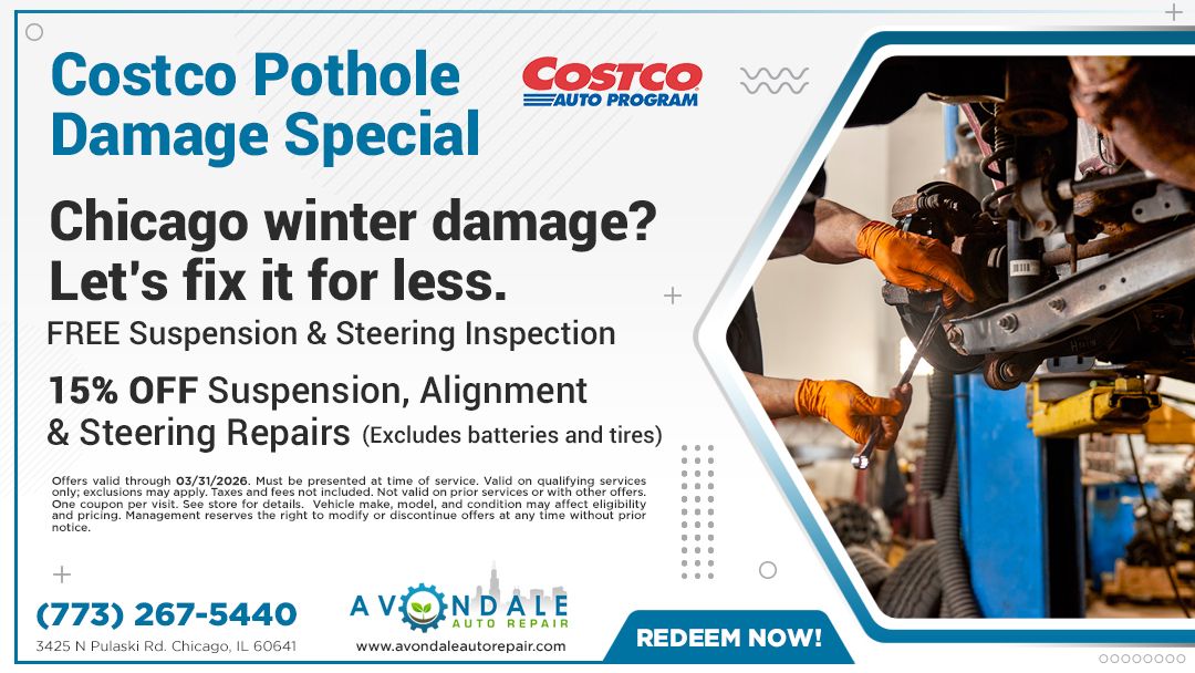 Costco Pothole Damage Special Advertisement for Costco auto repair. Offers free inspection & 15% off repairs. Features car being worked on.