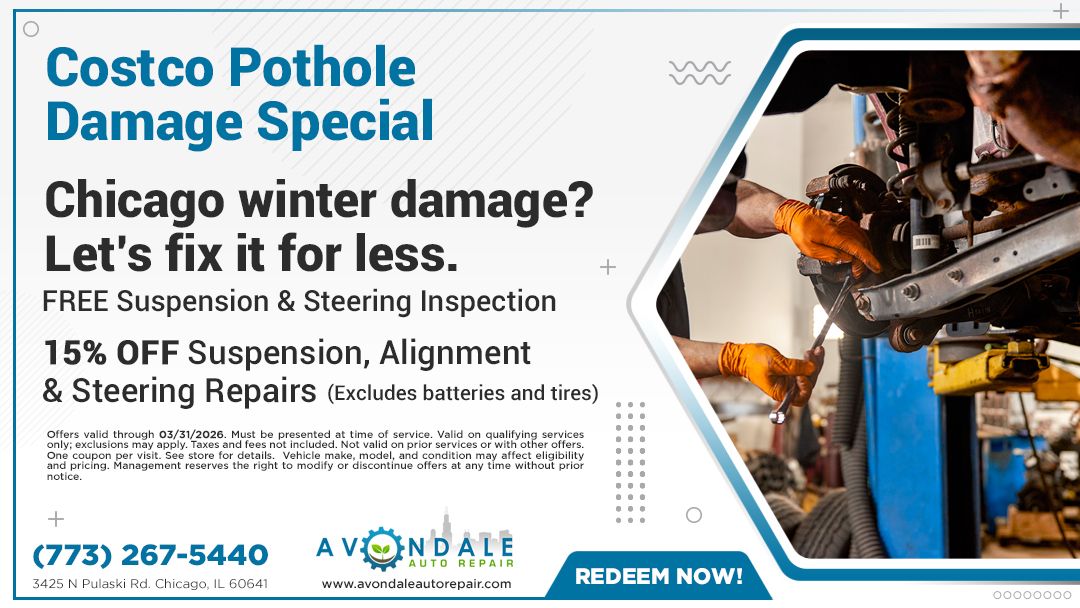 Costco Pothole Damage Special Advertisement for Costco auto repairs. Offers free inspection and 15% off suspension, alignment & steering repairs, in Chicago.