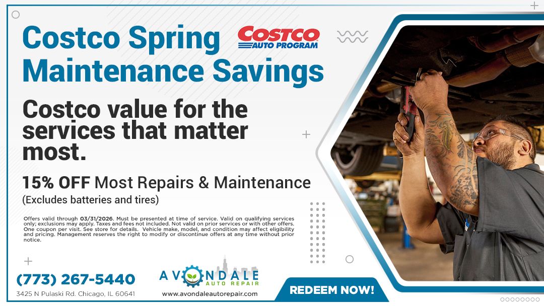 Advertisement for Costco Spring Maintenance Savings: 15% off most repairs. Mechanic working on a car. Phone number provided.
