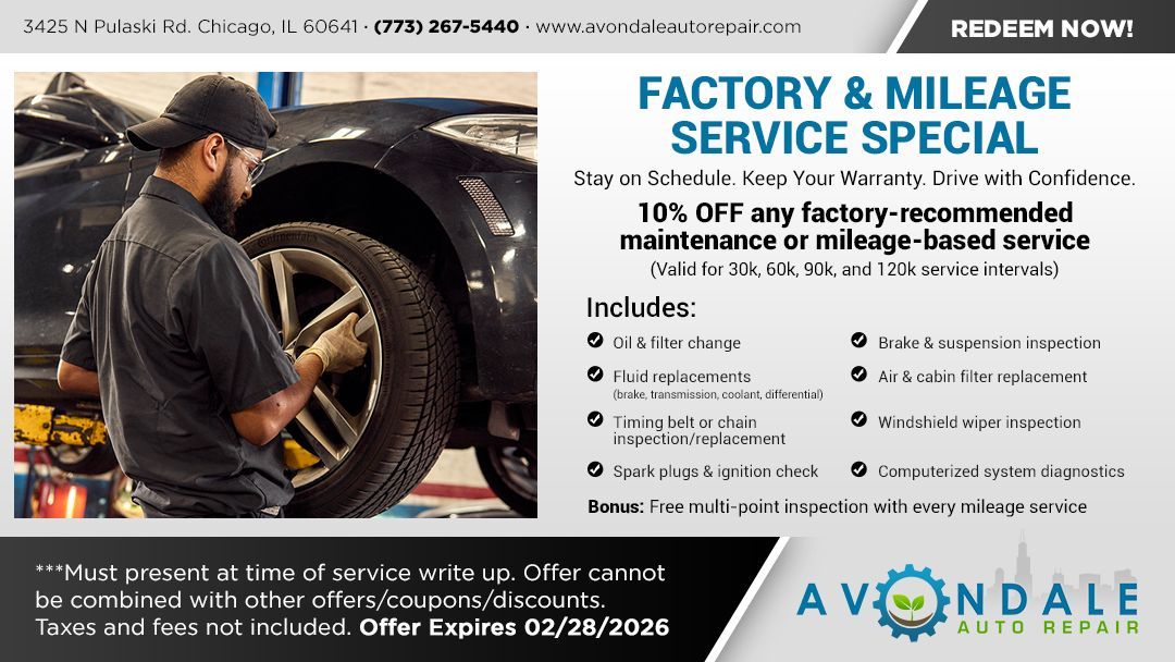 Factory & Mileage Service Special Mechanic working on car tire; Avondale Auto Repair special: 10% off factory service, expiring 02/28/2026.