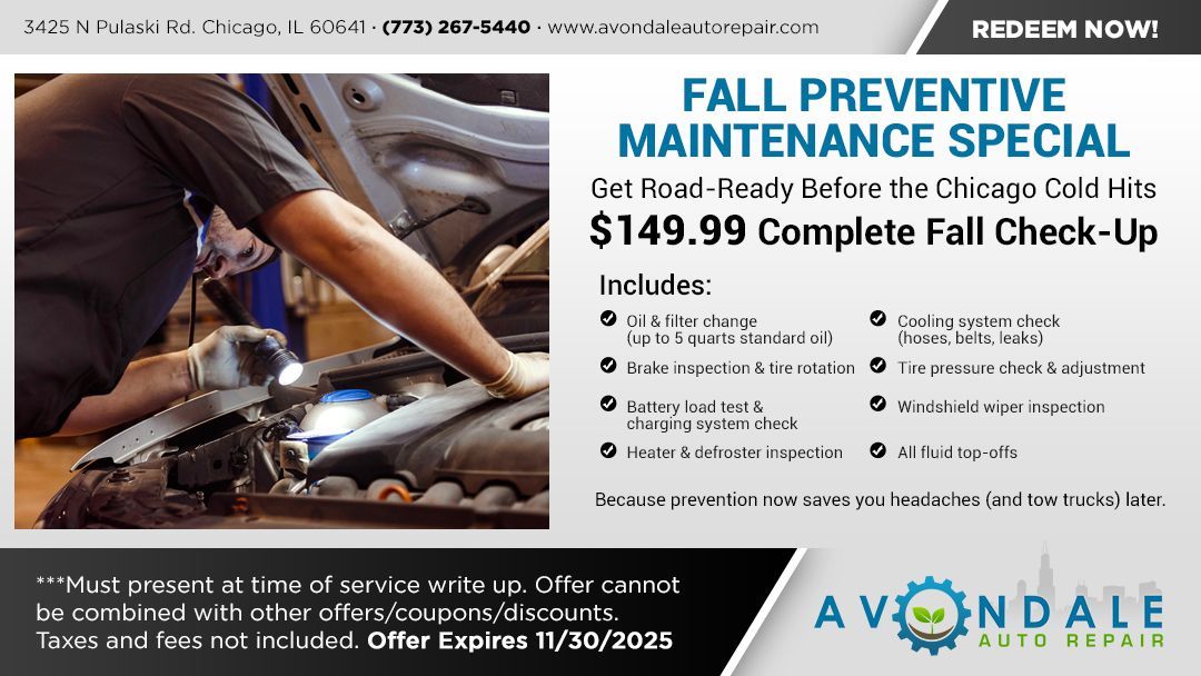 Car mechanic offering a $149.99 fall check-up special at Avondale Auto Repair, including service details, before 11/30/2023.