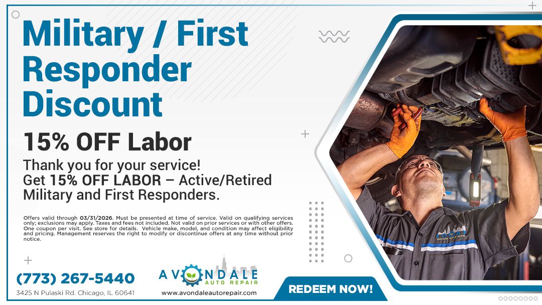 An advertisement offering a 15% discount on labor for military and first responders at Avondale Auto. A mechanic works on a car.