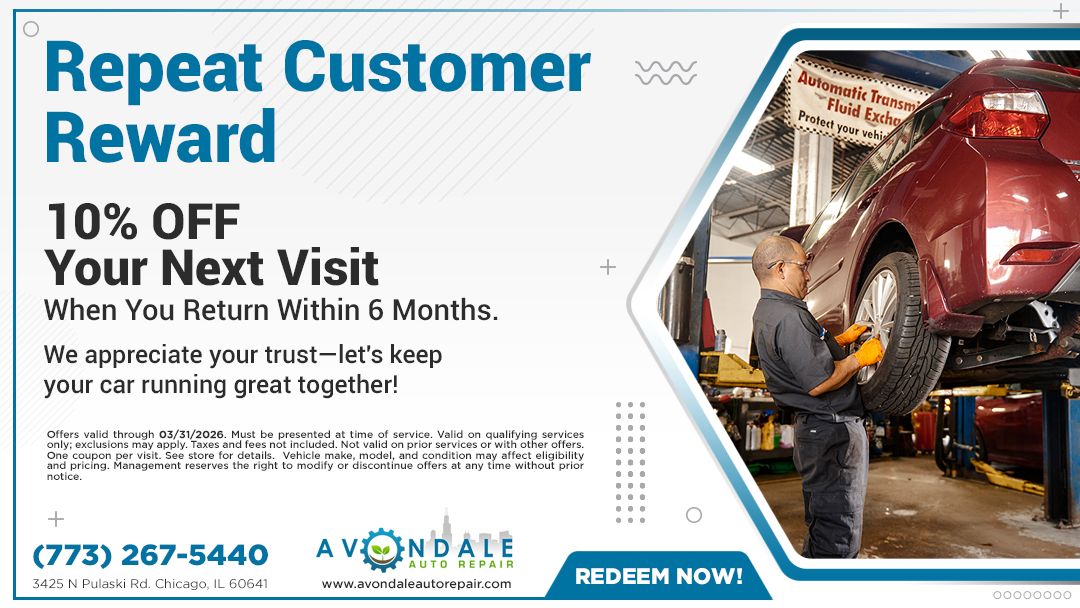 Advertisement: 10% off next visit at Avondale Auto Repair, returns within 6 months. A mechanic works on a car in a garage.