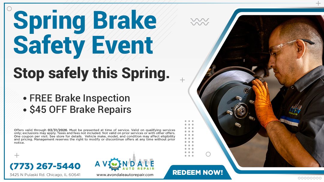 Advertisement: Spring brake safety event. Free brake inspection, $45 off repairs. Mechanic checking brakes.