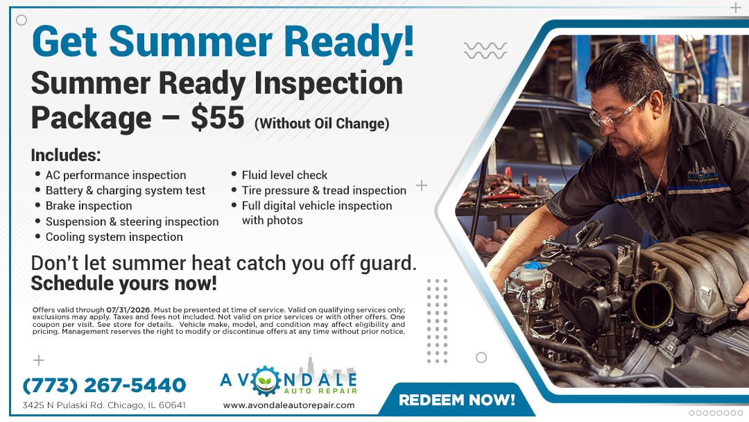Summer HVAC tune-up ad with mechanic working on equipment, blue and orange design, and phone number.
